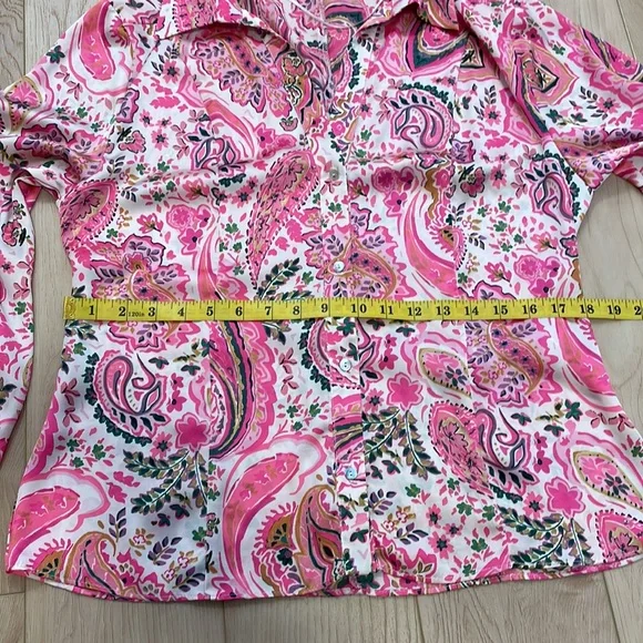 Zara Pink Paisley Print Satin Button Front Collared Shirt, sz L - Picture 11 of 13